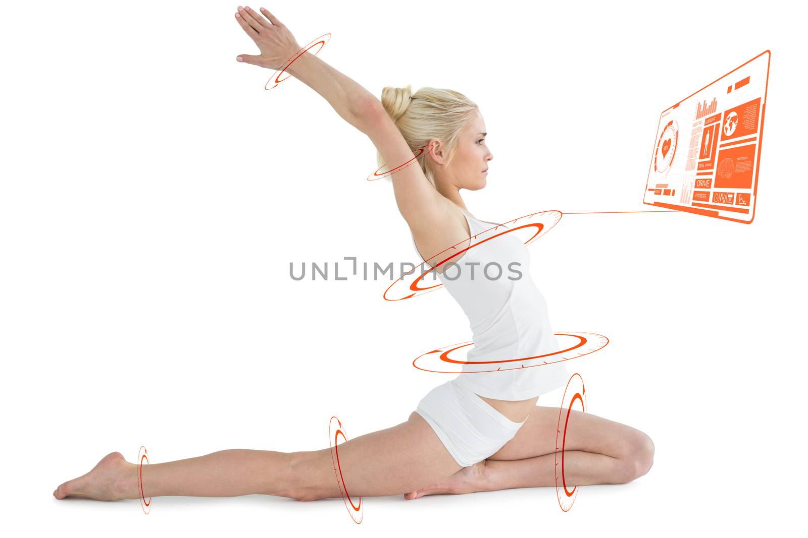 Toned young woman stretching hands backwards against fitness interface