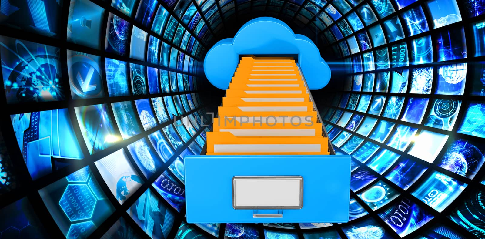 Cloud computing drawer against vortex of digital screens in blue