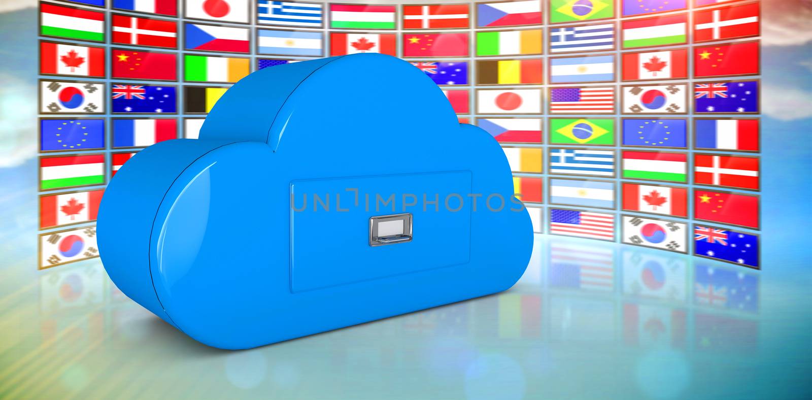 Cloud computing drawer against screen collage showing international flags