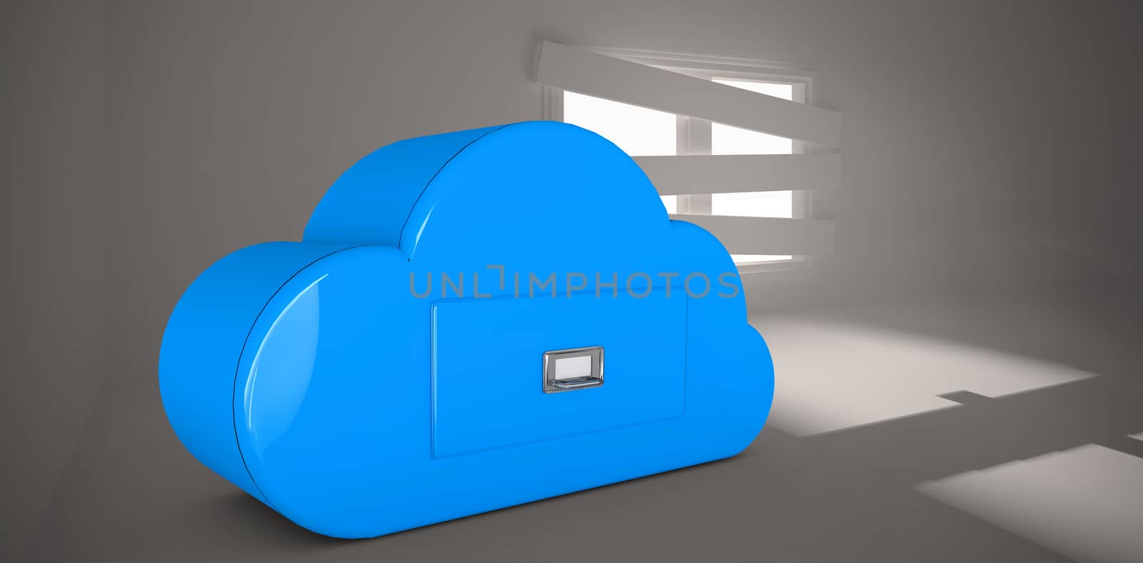 Cloud computing drawer against digitally generated room with bordered up window