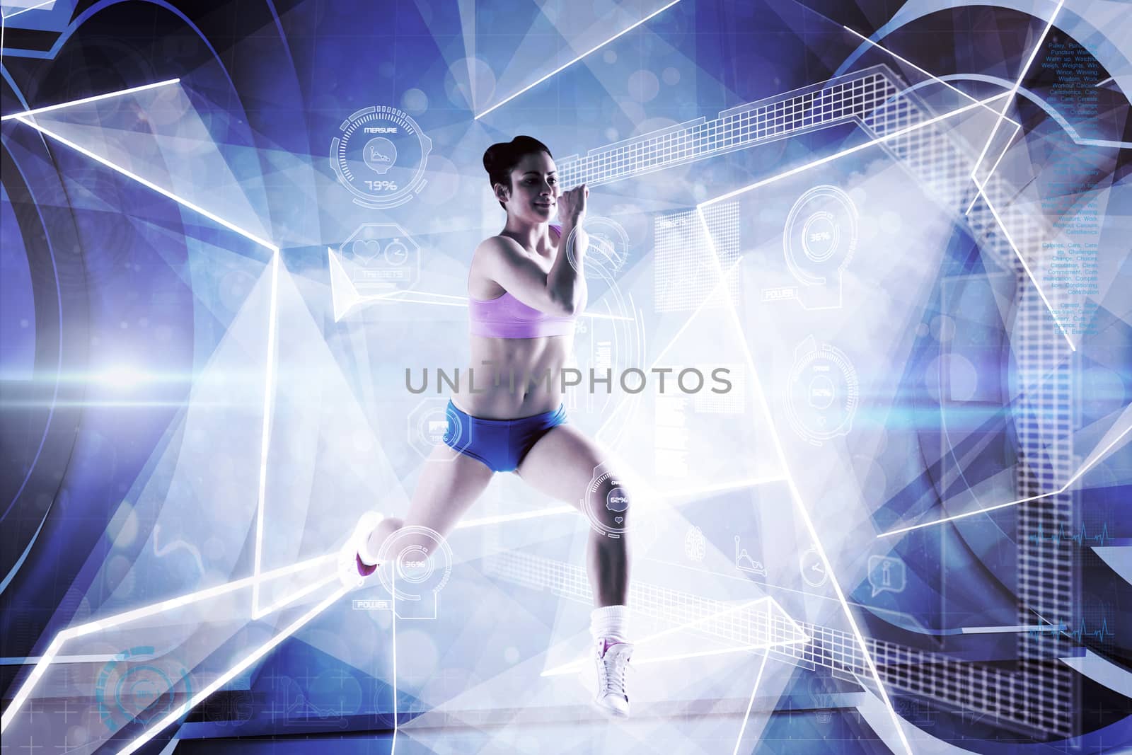 Fit brunette running and jumping against white abstract angular design
