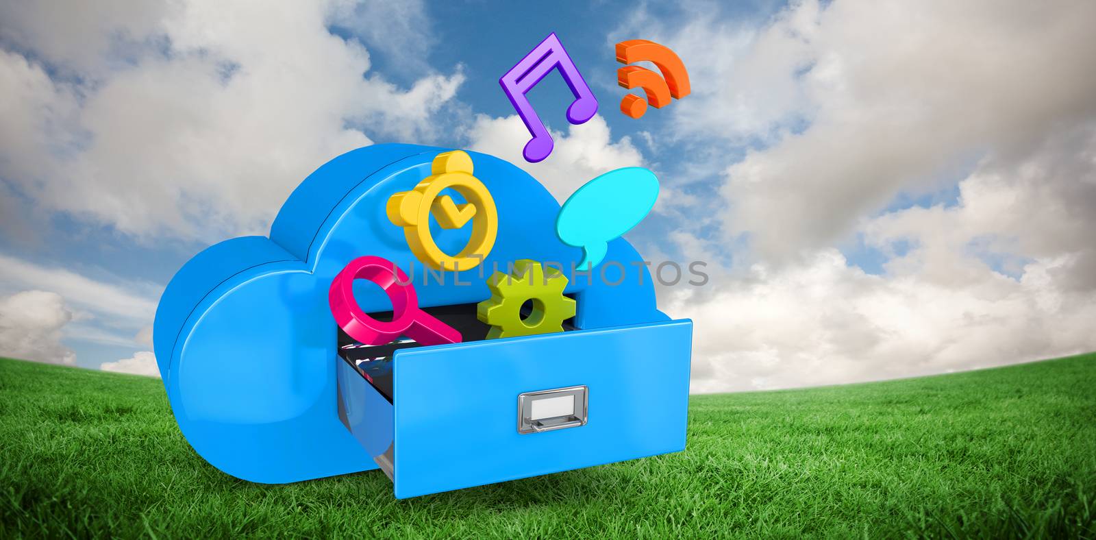 Cloud computing drawer against green field under blue sky