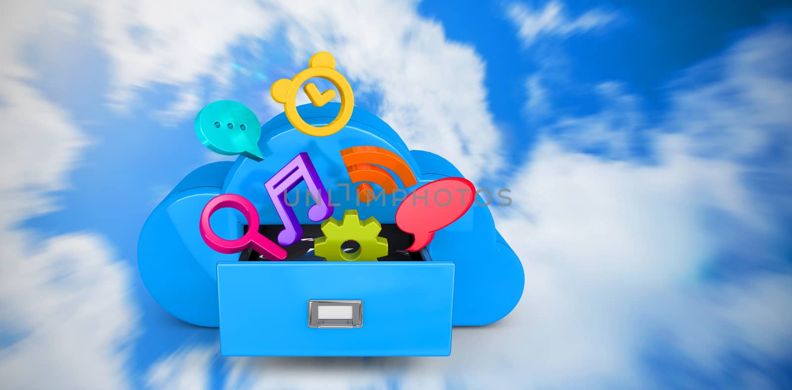 Cloud computing drawer against bright blue sky with clouds