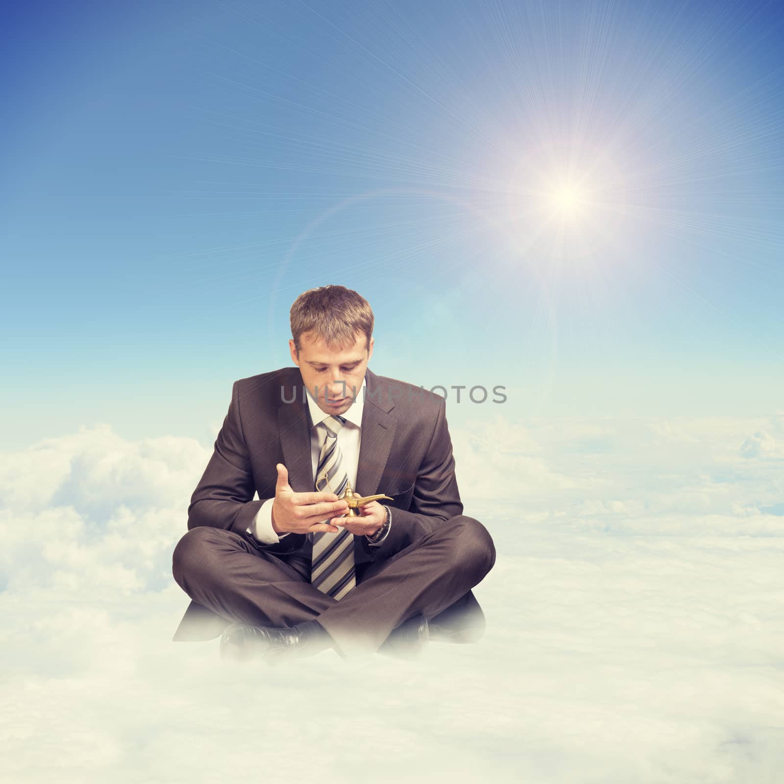 Businessman in suit sitting lotus position  by cherezoff