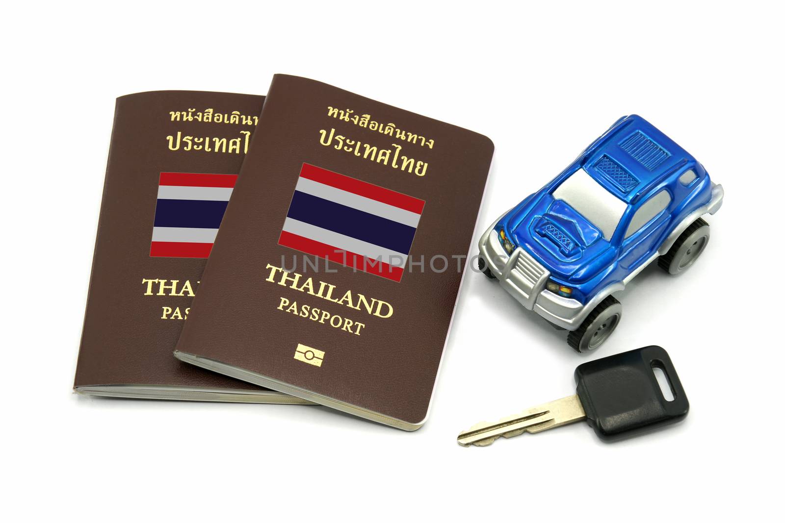 Thailand Passport, Car Key and Car Model for Travel or A.E.C. concept