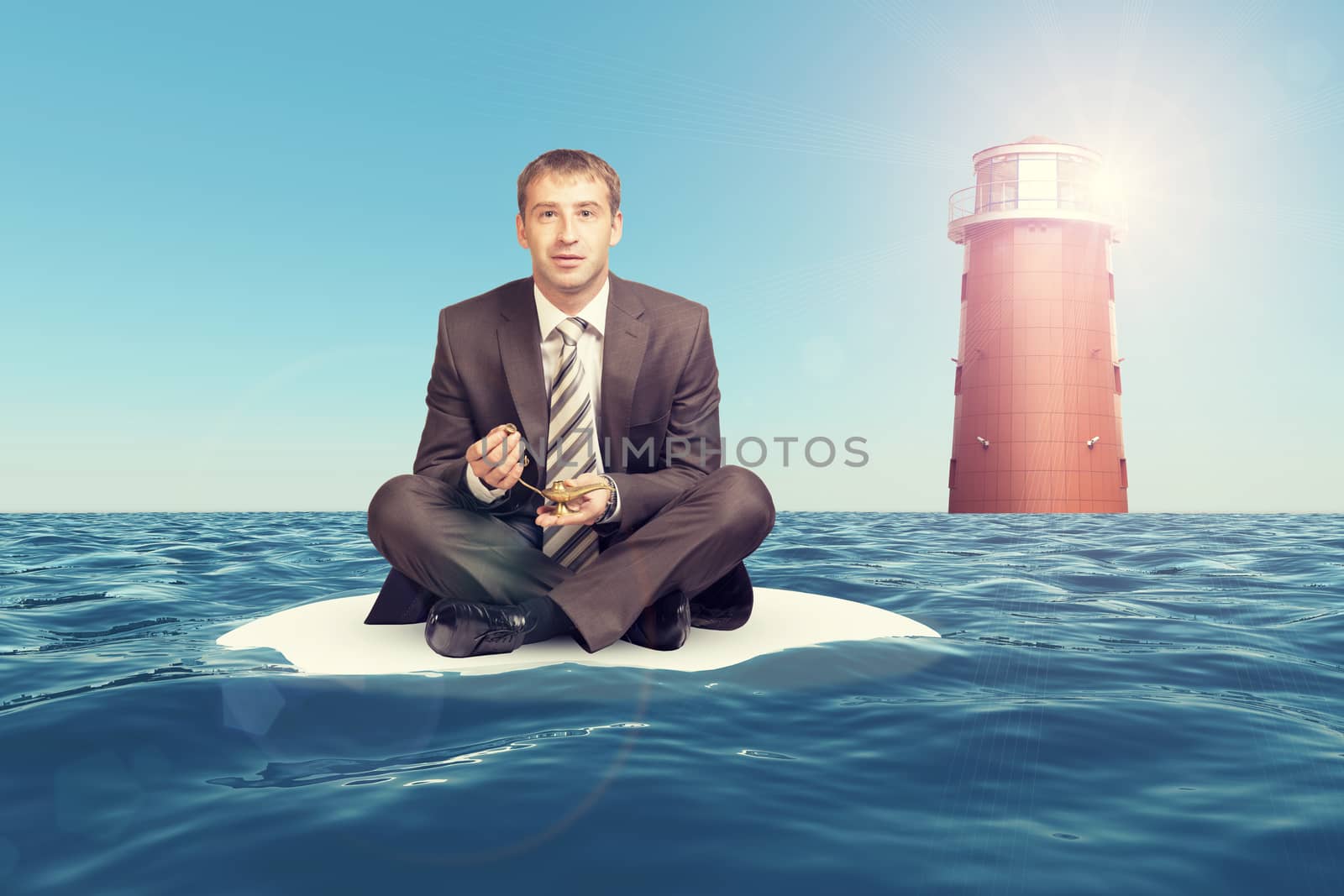 Businessman sitting in lotus position on small sand island in sea and looking at camera