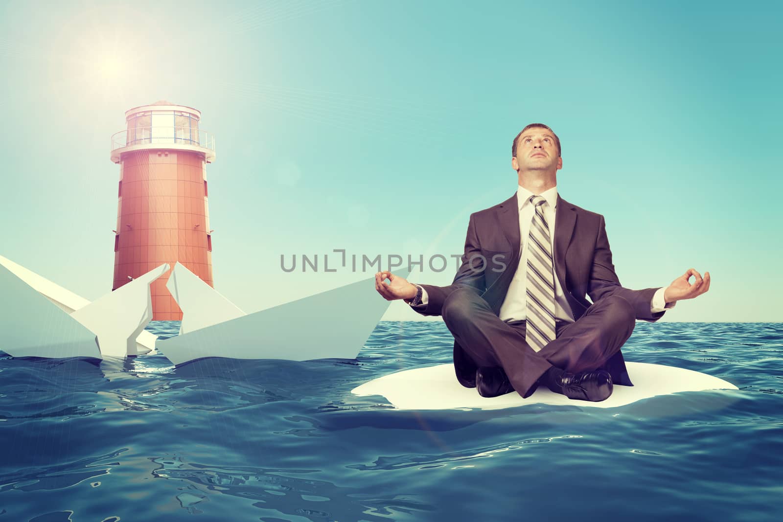 Businessman with sinking broken ship by cherezoff