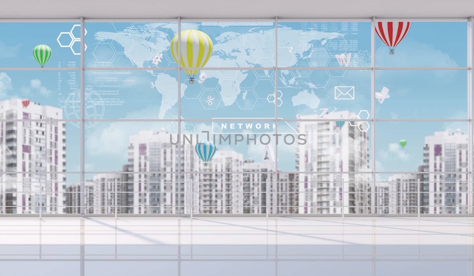 Cityscape outside window with world view, fine weather with balloons, indoor view