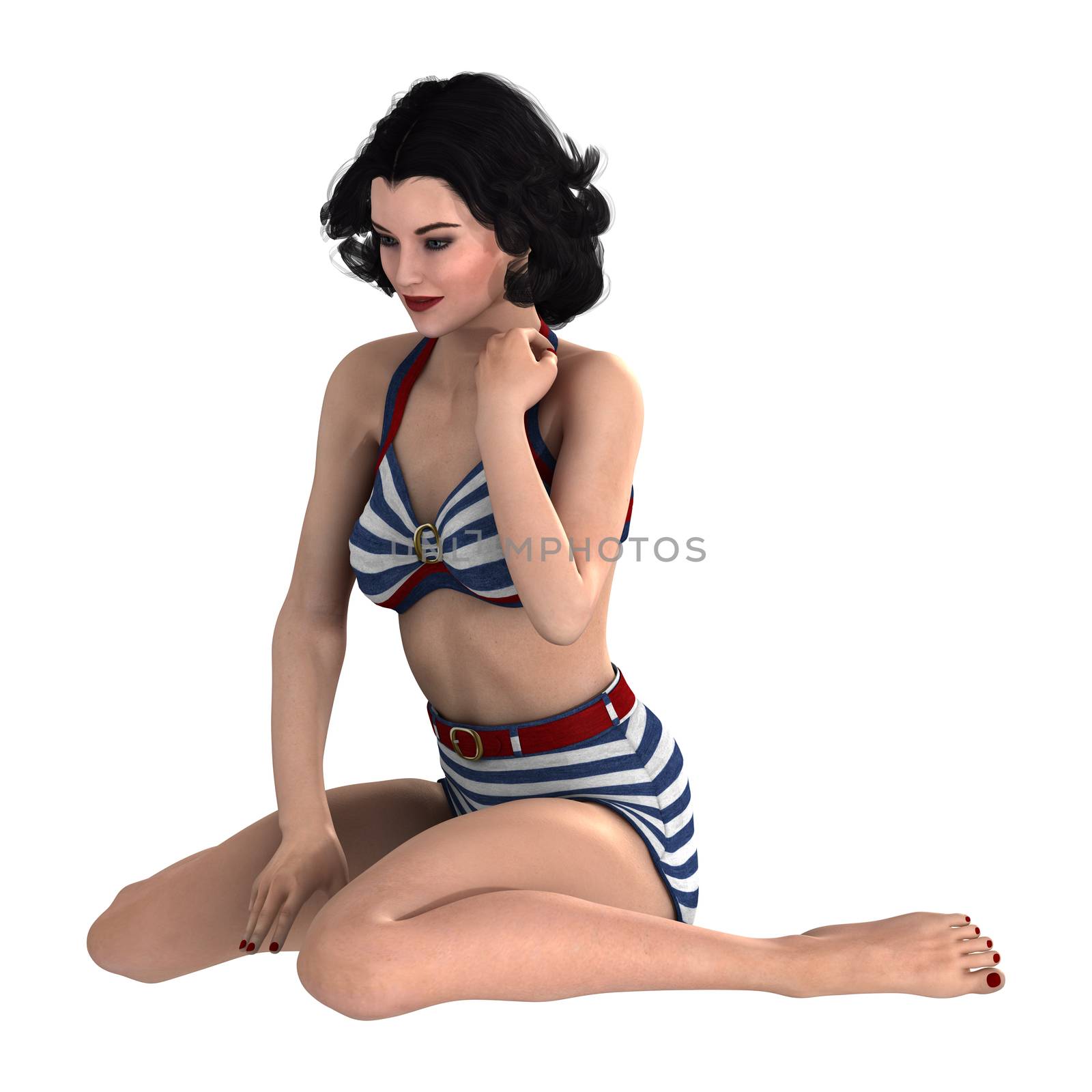 3D digital render of a beautiful pinup girl wearing a swimming suit isolated on white background