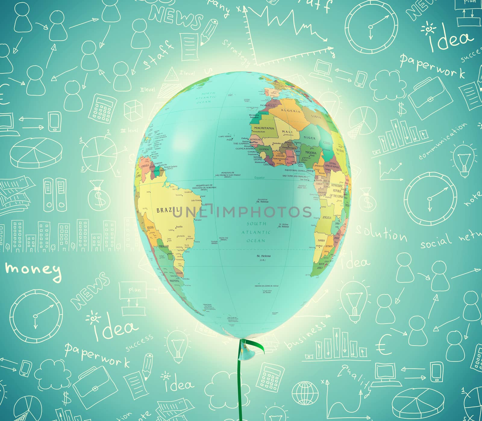 World map in balloon shape on abstract blue background with different symbols