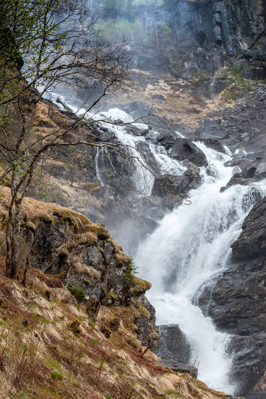 waterfall in Norway. mountain landscape in early spring