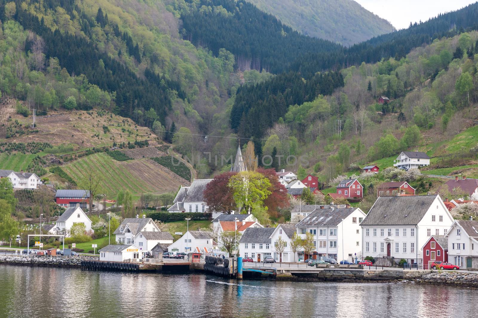 Landscape with mountains in Norwegian village. spring in Norwegian fjords