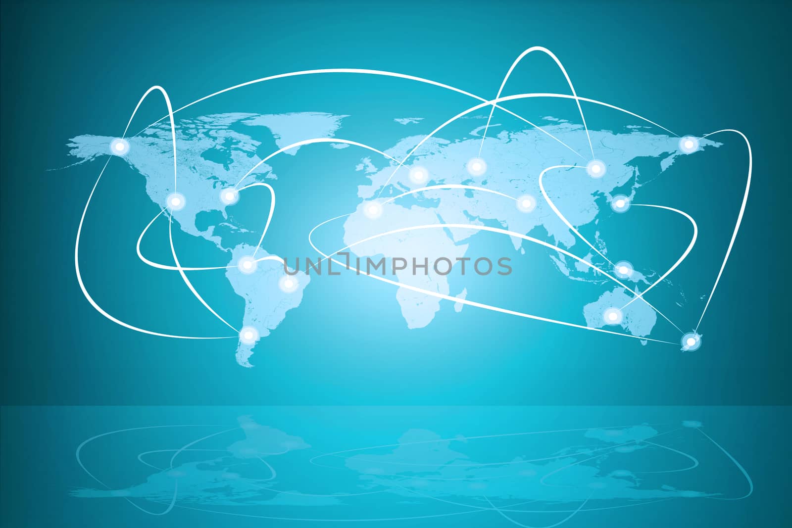 Abstract blue background with world map, connected points and reflection