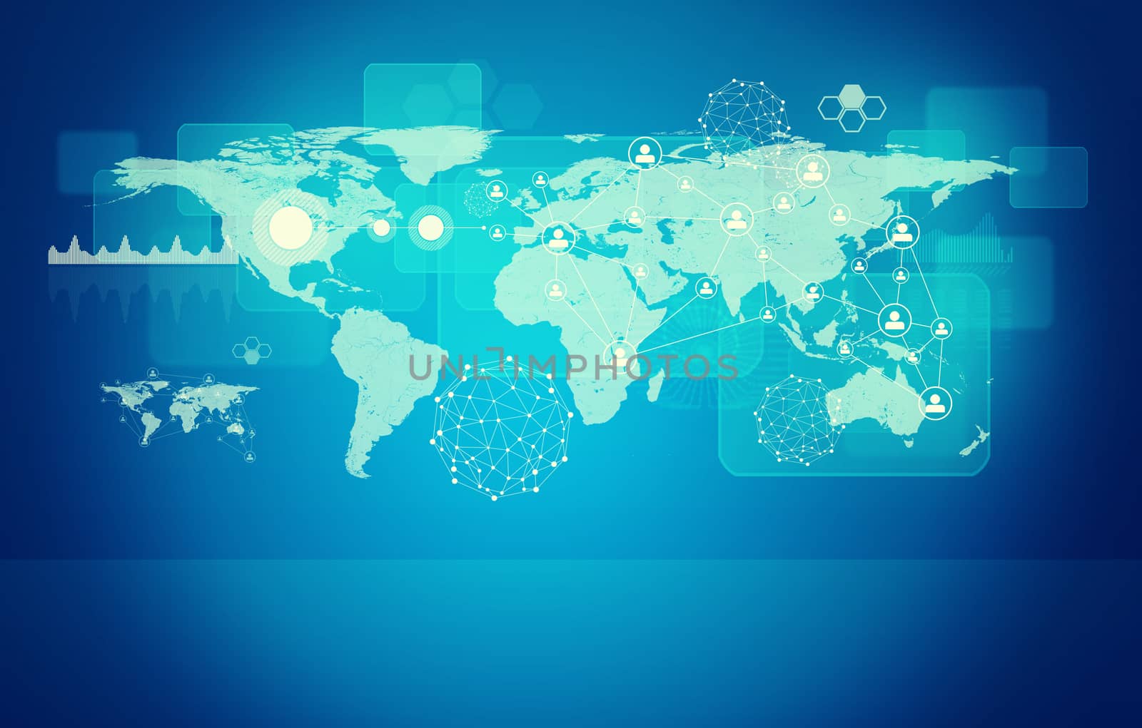 Abstract blue background with world map, graphical charts, molecule model 