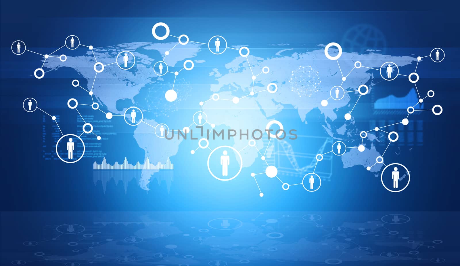 Abstract blue background with world map, connected points, charts and reflection