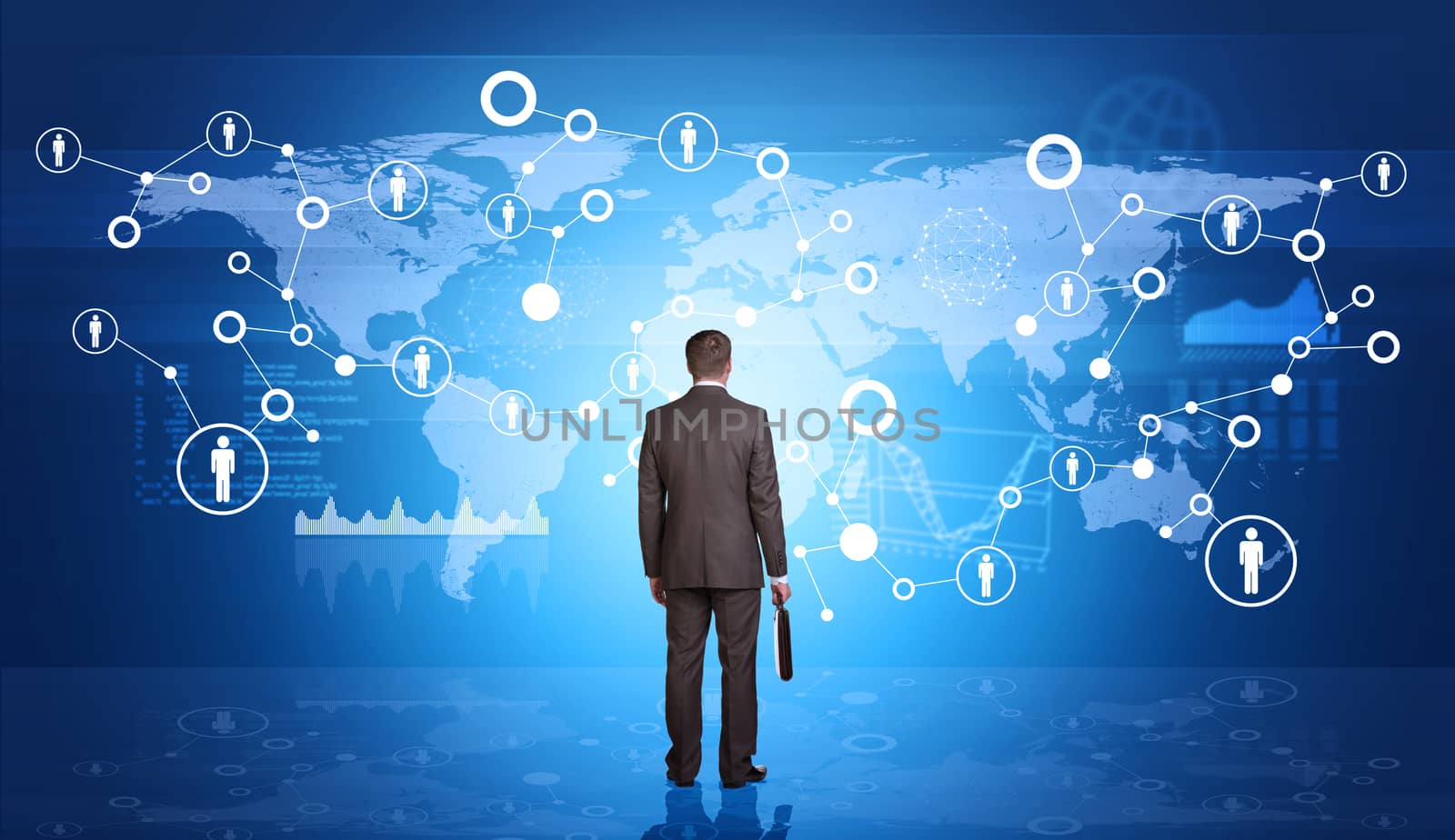 Businessman with suitcase in front of holographic screen with world map, back view