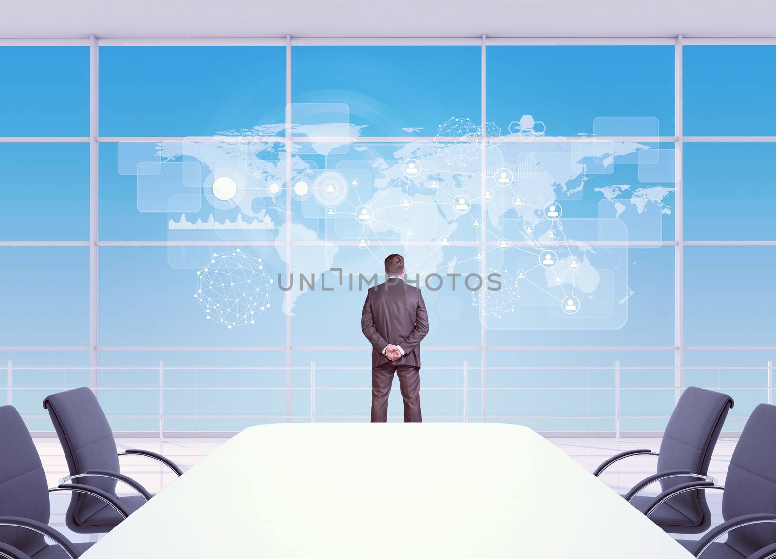 Businessman standing in office, rear view. Abstract blue background with virtual world map