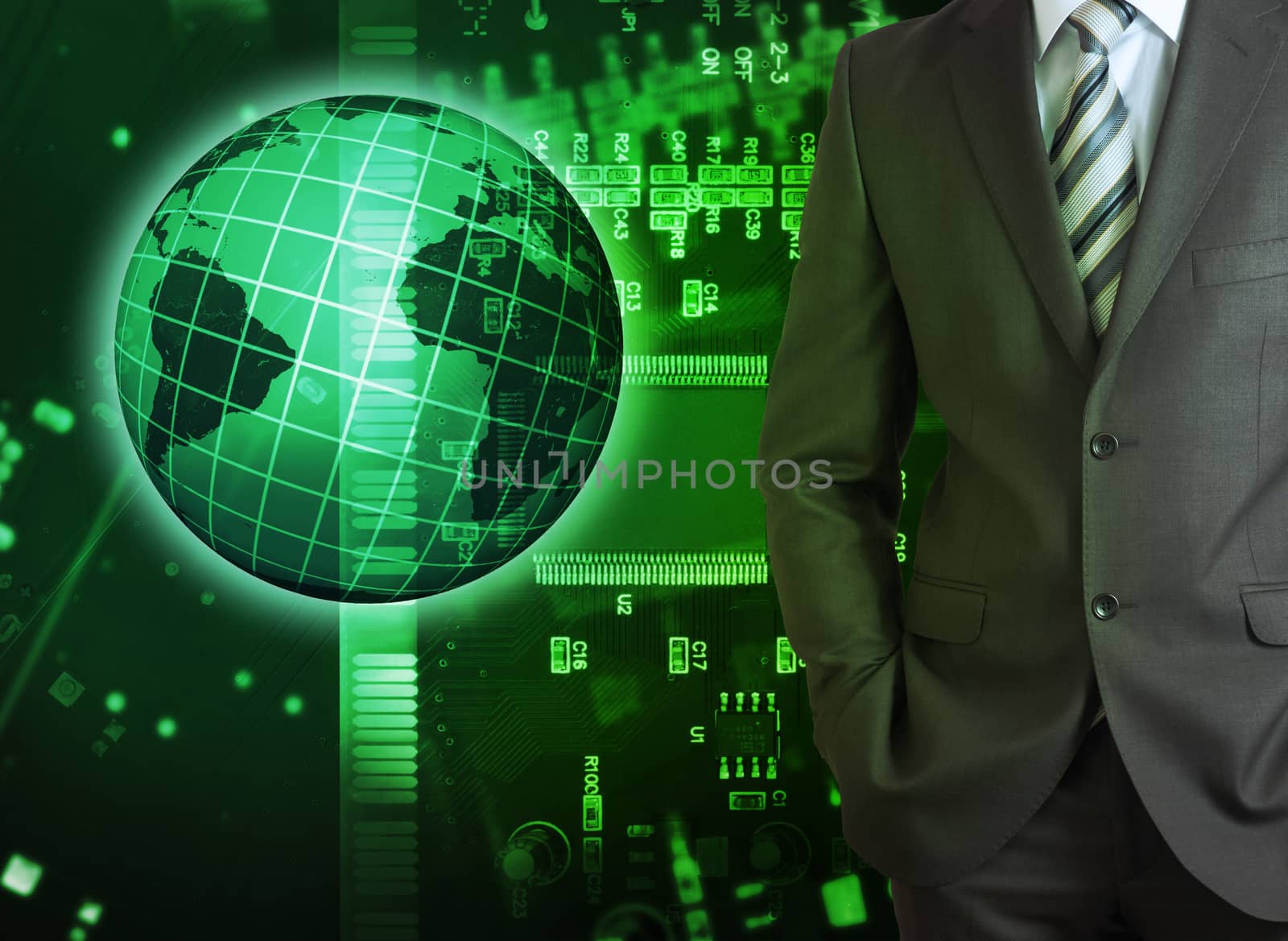 Businessman on abstract matrix green background with world model