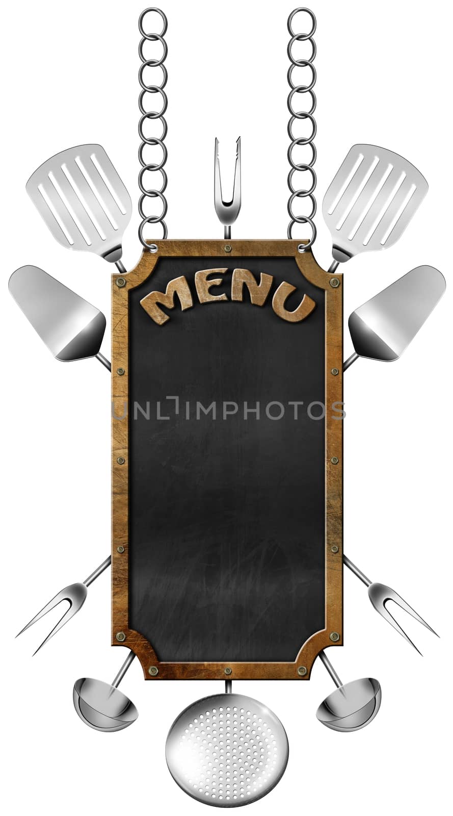 Empty blackboard with metallic frame, text menu and kitchen utensils hanging from a metal chain and isolated on white background