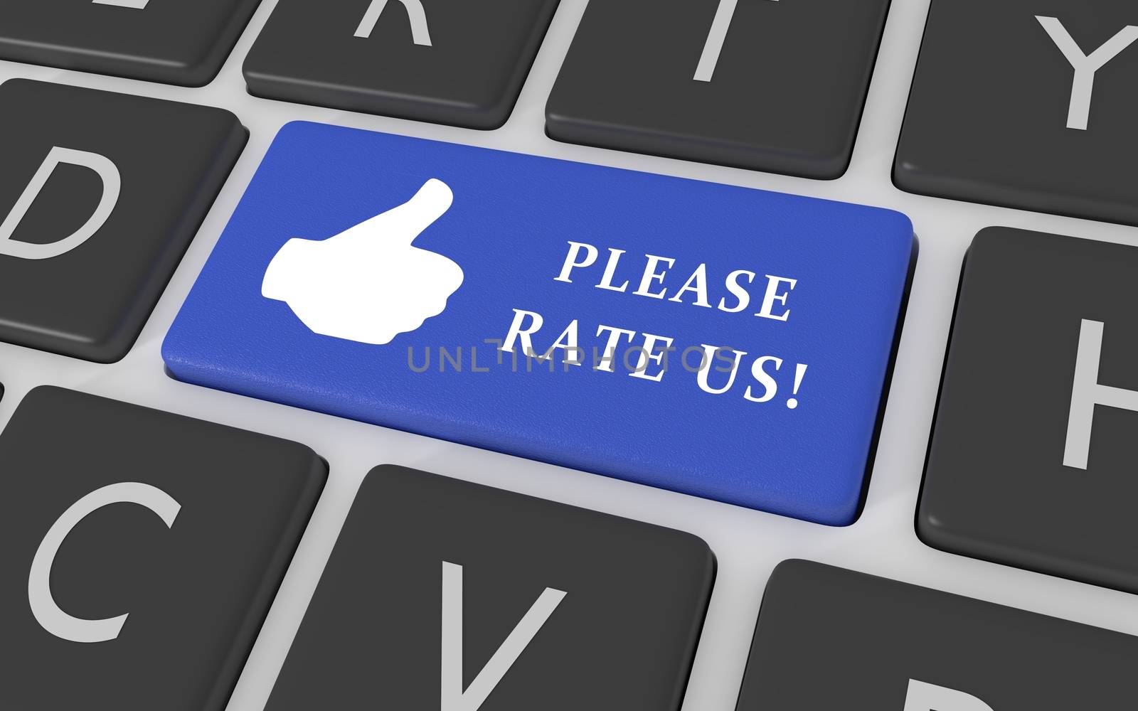 Illustration of a blue computer keyboard button with the words "Please rate us"