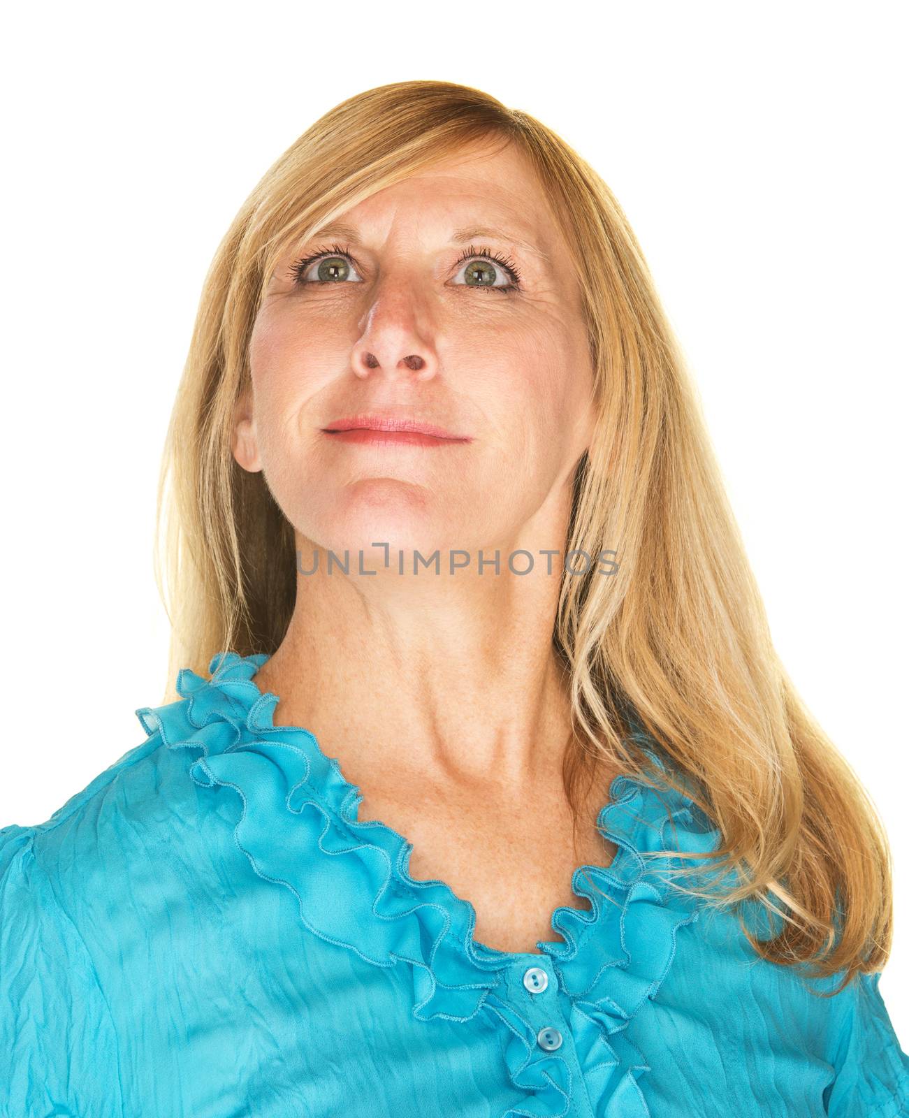 Beautiful middle aged Caucasian female over white background