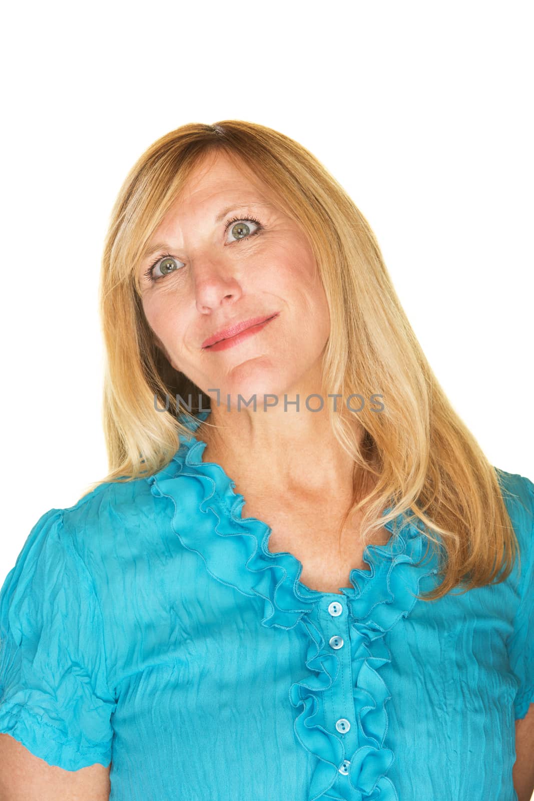 Daydreaming white female in blue over white background
