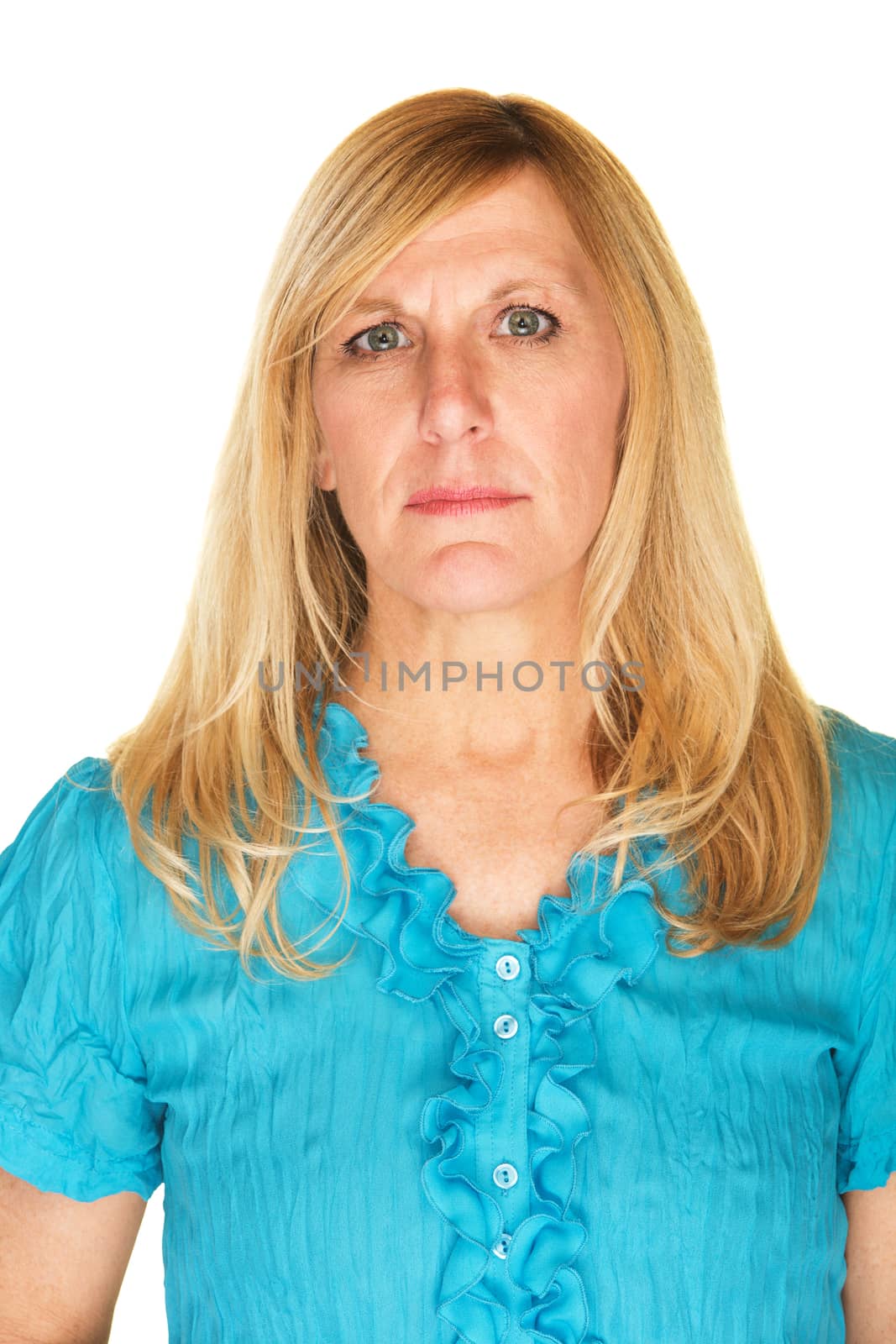 Stoic middle aged white woman on isolated background
