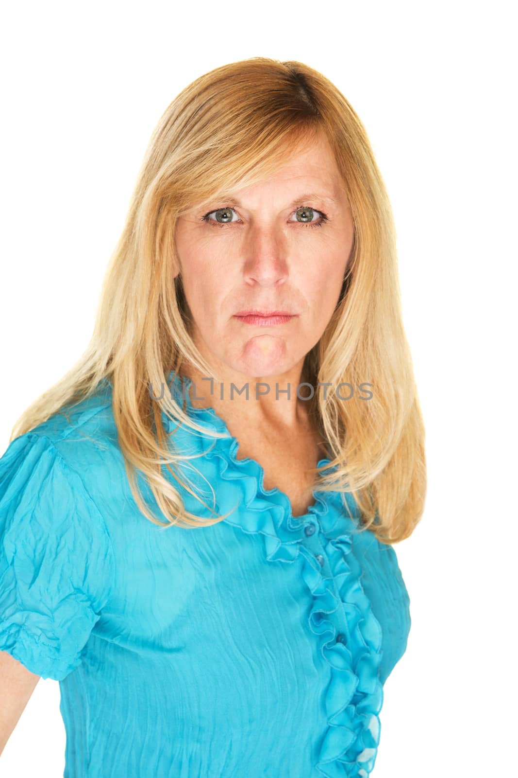 Suspicious middle aged white female over isolated background
