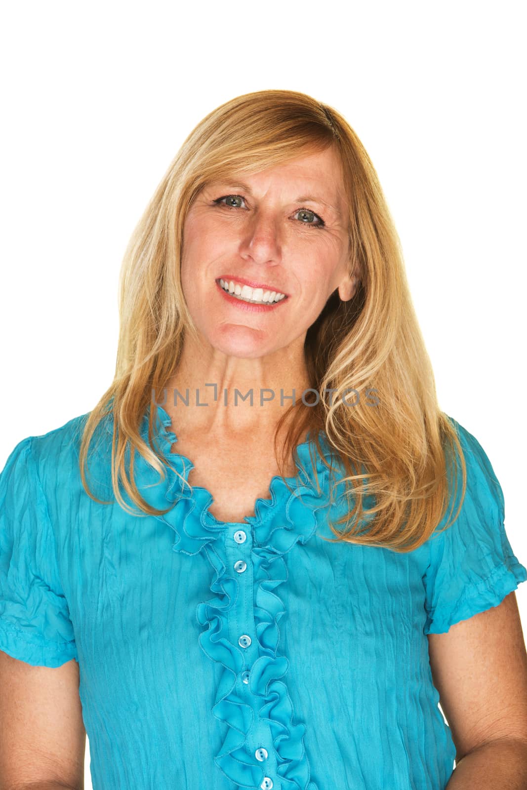 Isolated friendly blond female over white background