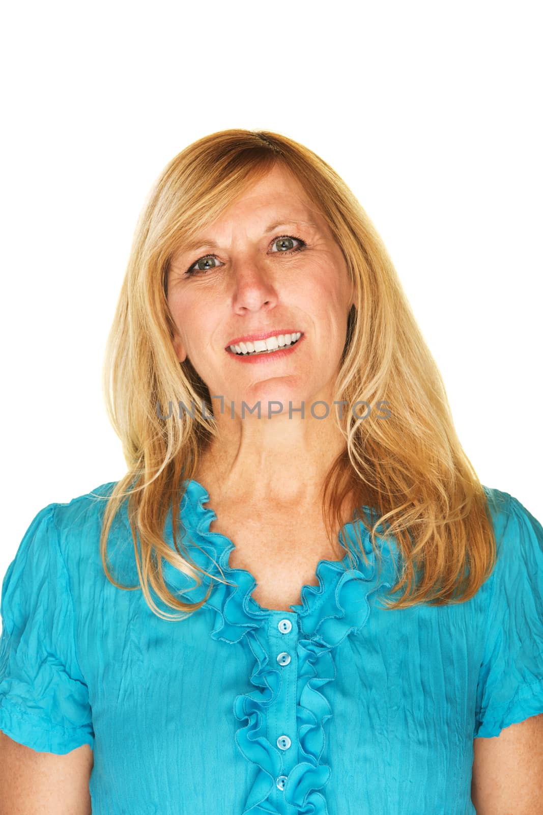 Kind woman with friendly smile over white