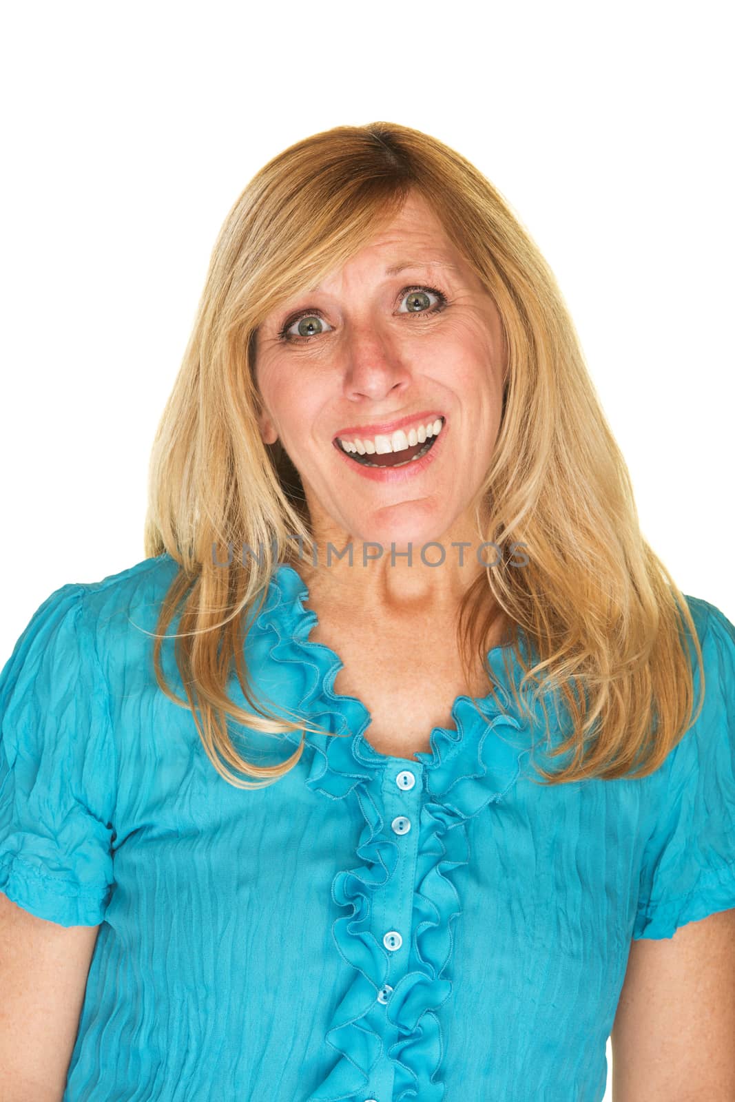 Beautiful glad woman in blue with smile