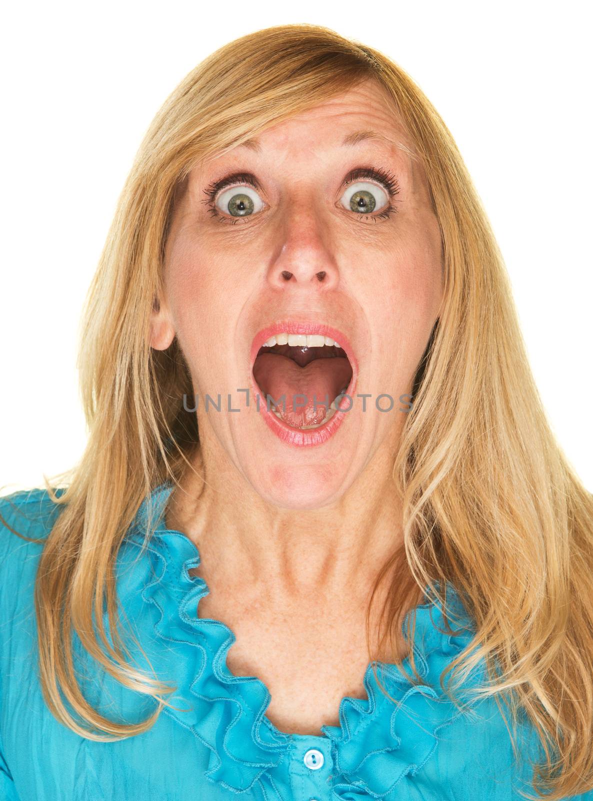 Close up of shocked Caucasian female over white background