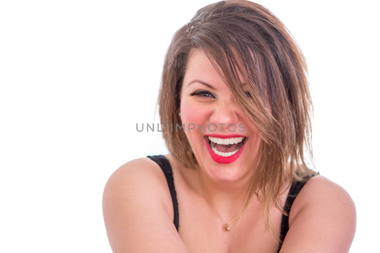 Close up Portrait of a Happy Blond Woman Laughing at the Camera, Isolated on White Background.