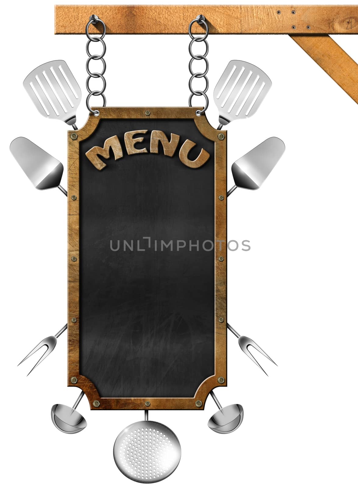Empty blackboard with metallic frame, text menu and kitchen utensils hanging from a metal chain on a wooden pole and isolated on white background