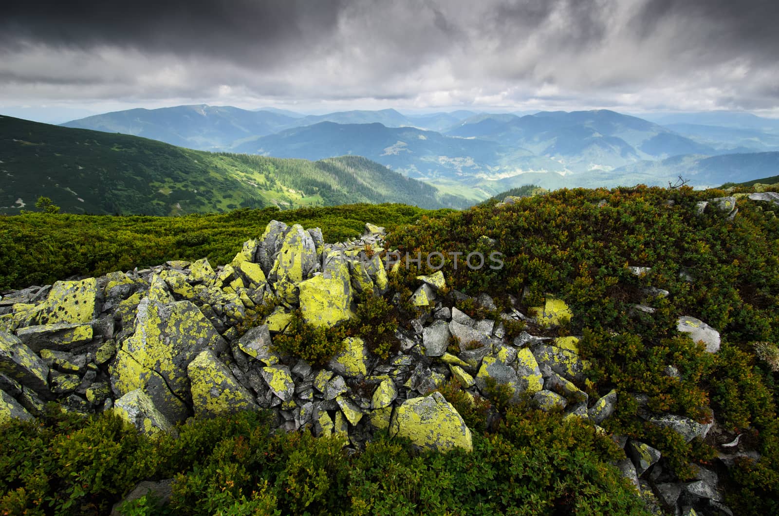 Mossy rocks in the bushes on the mountain landscape with heavy low clouds and distant mountains