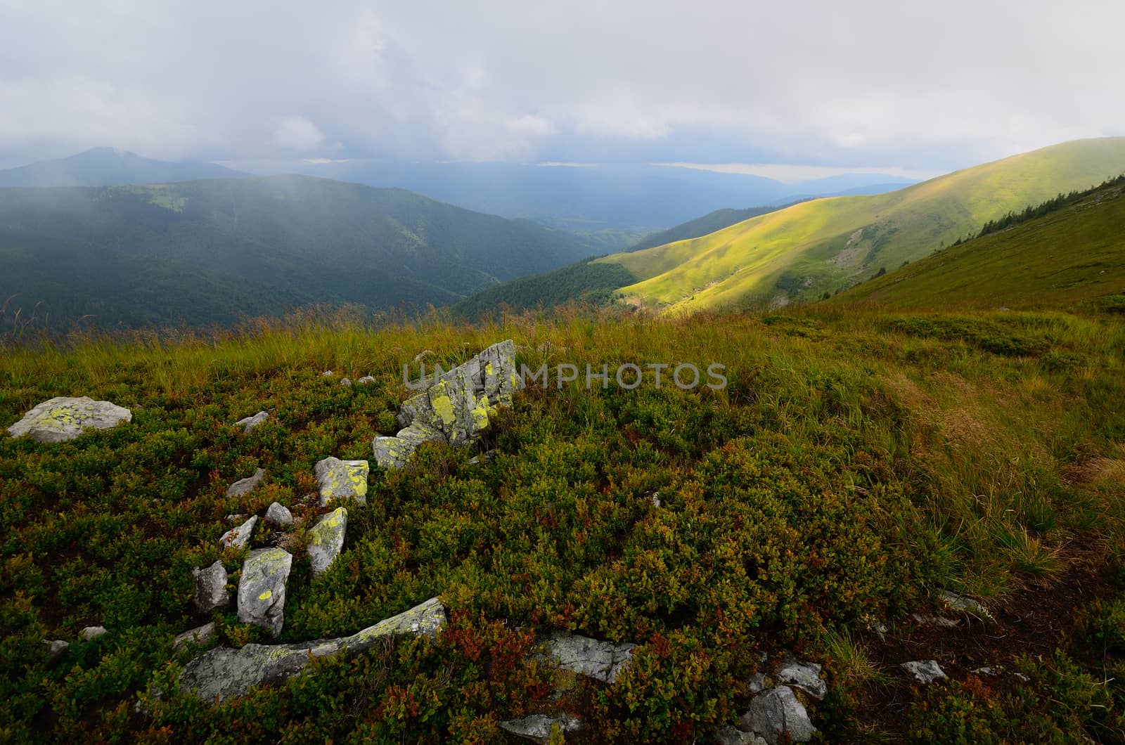 Mossy rocks in the bushes on the mountain landscape with heavy low clouds and distant mountains