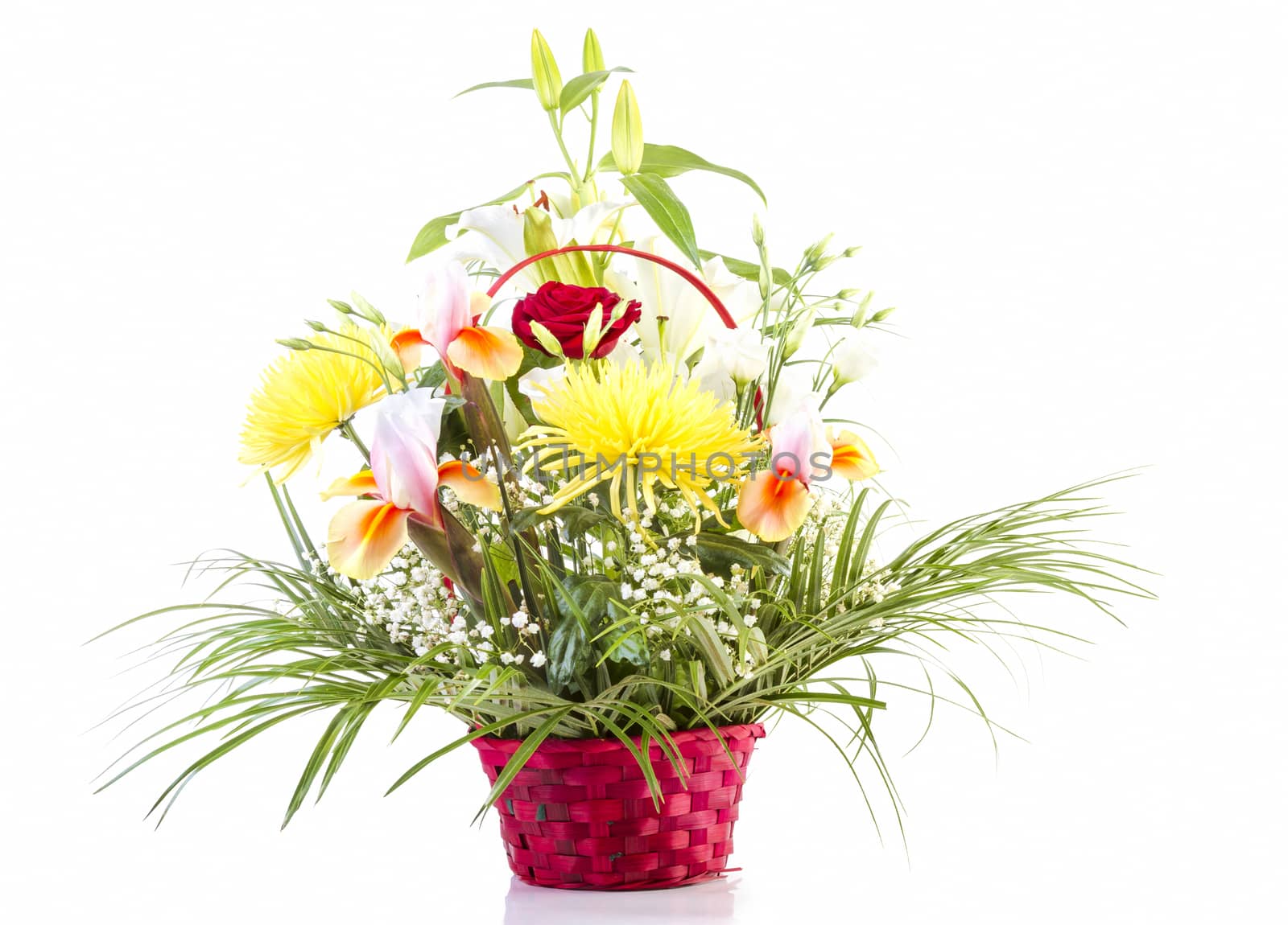 Basket with flowers for Mother on white background