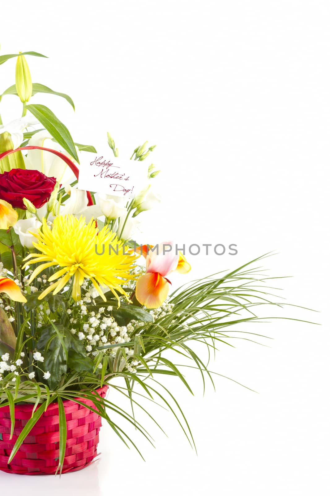 Basket with flowers for Mother on white background