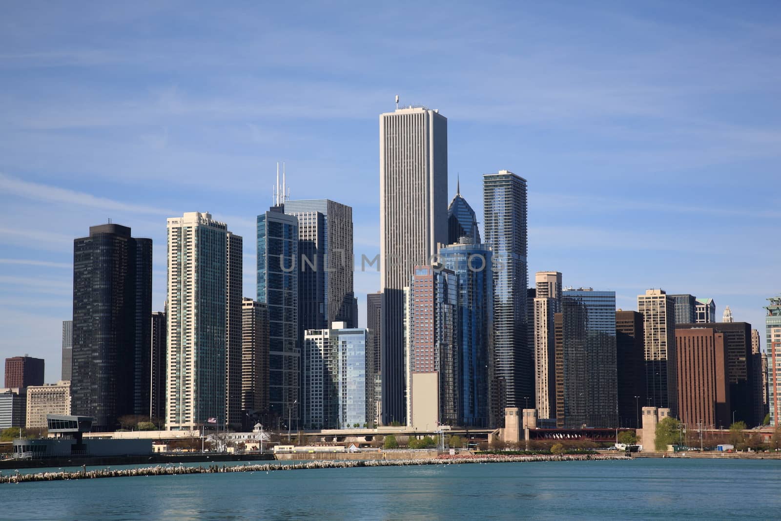 The classic Chicago skyline on Lake Michigan.