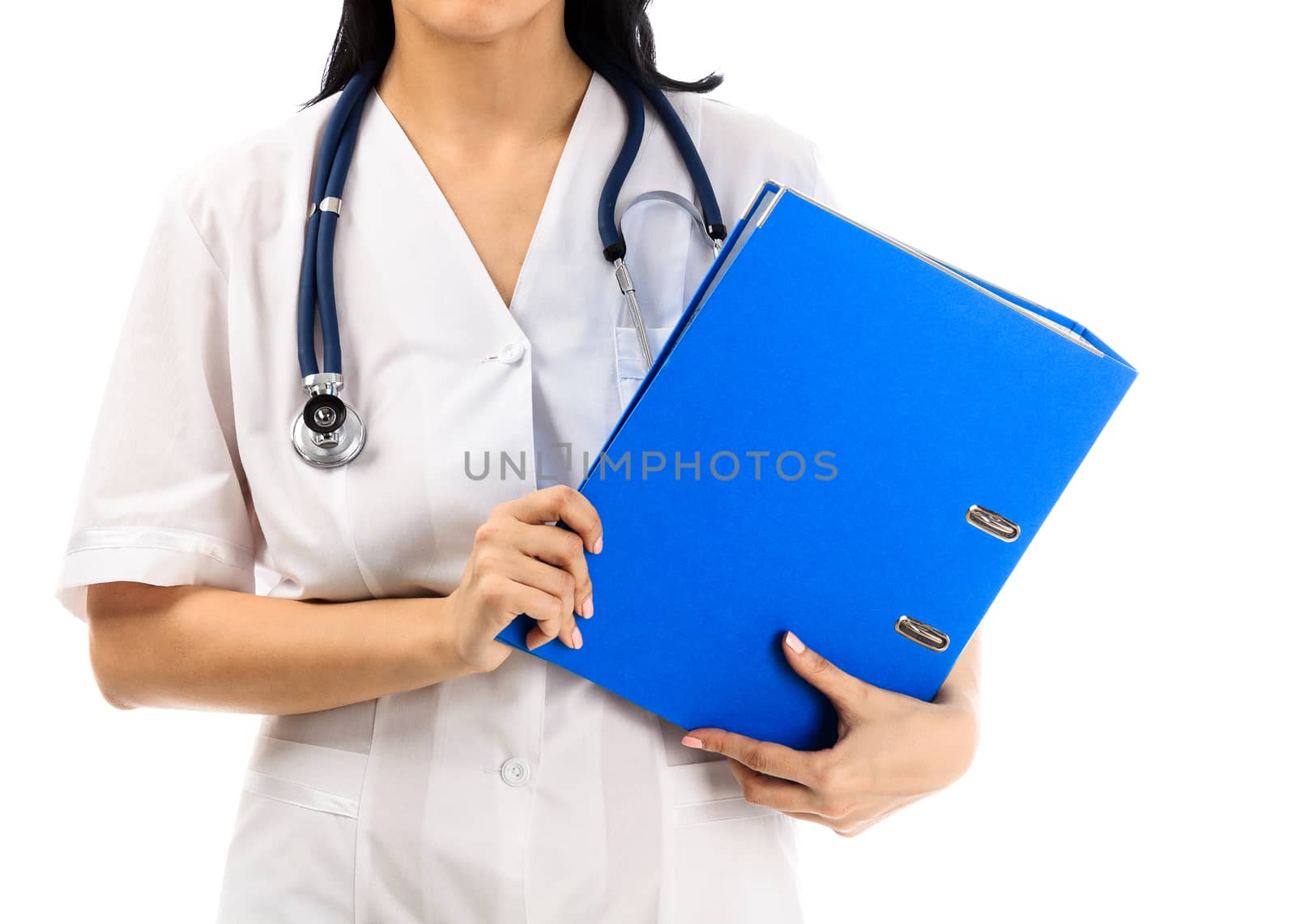 Doctor woman on a white background, isolated, copyspace