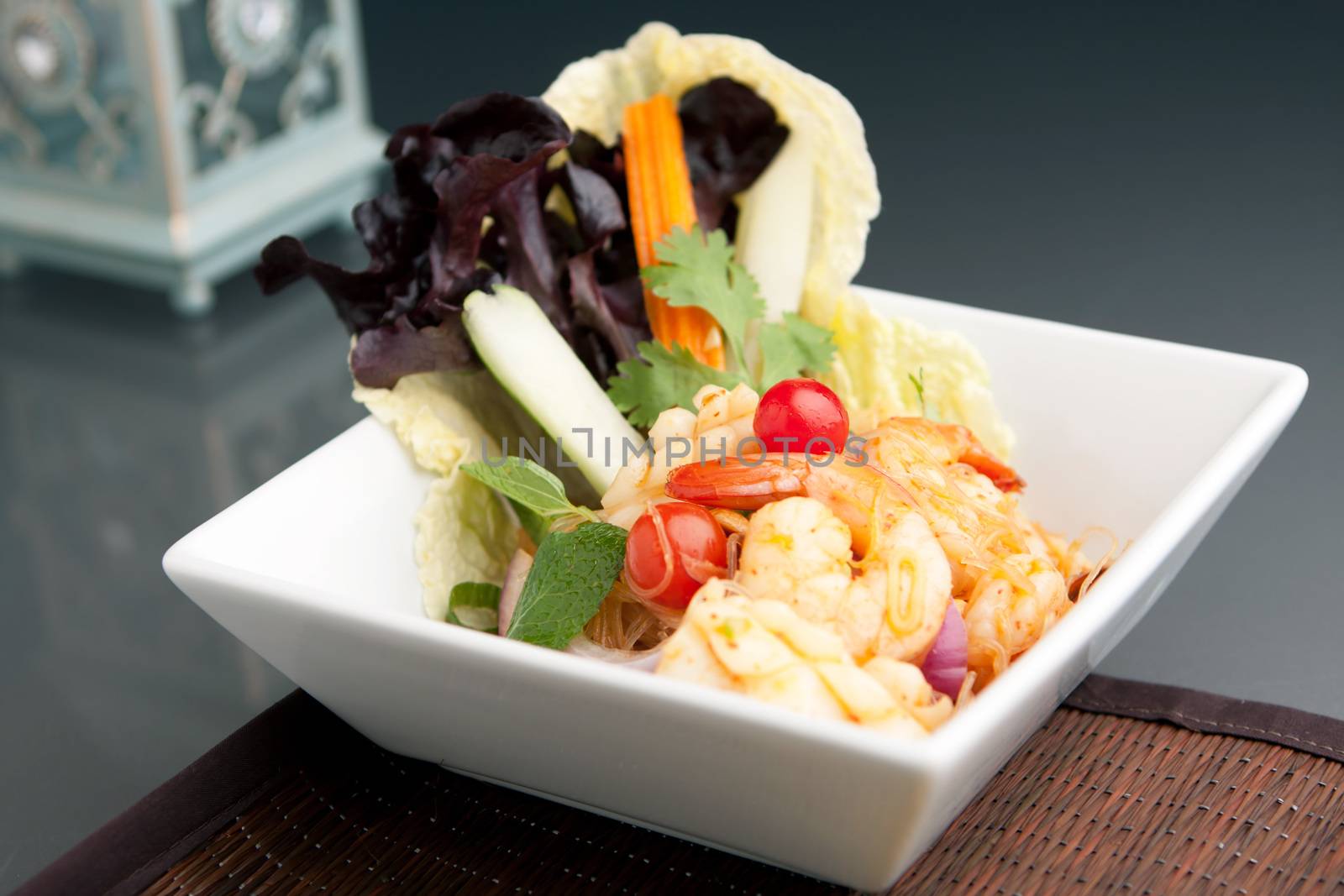 Thailand style shrimp and squid salad with veggies.