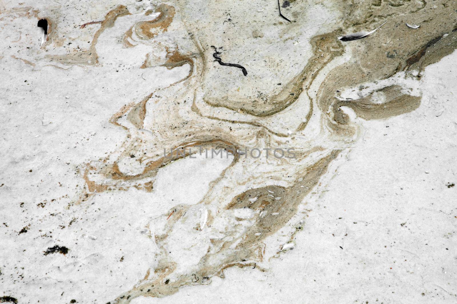 An dark oily substance on the sand at the beach.