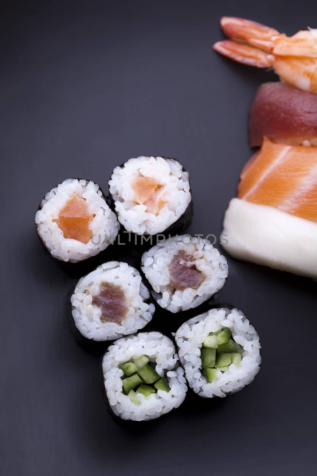 Japanese mix sushi, oriental cuisine colorful theme