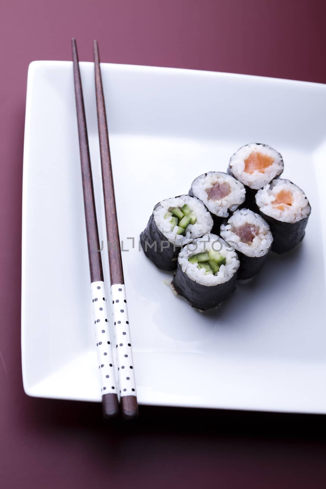 Collection of sushi, oriental cuisine colorful theme