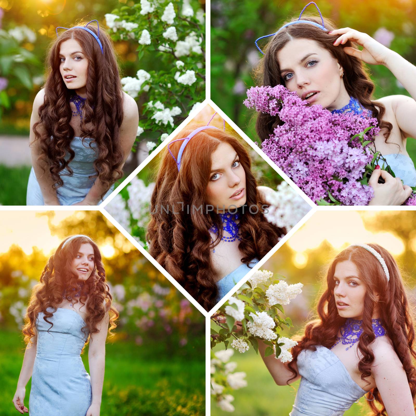 Collage of beautiful girl in spring garden with lilac flowers.