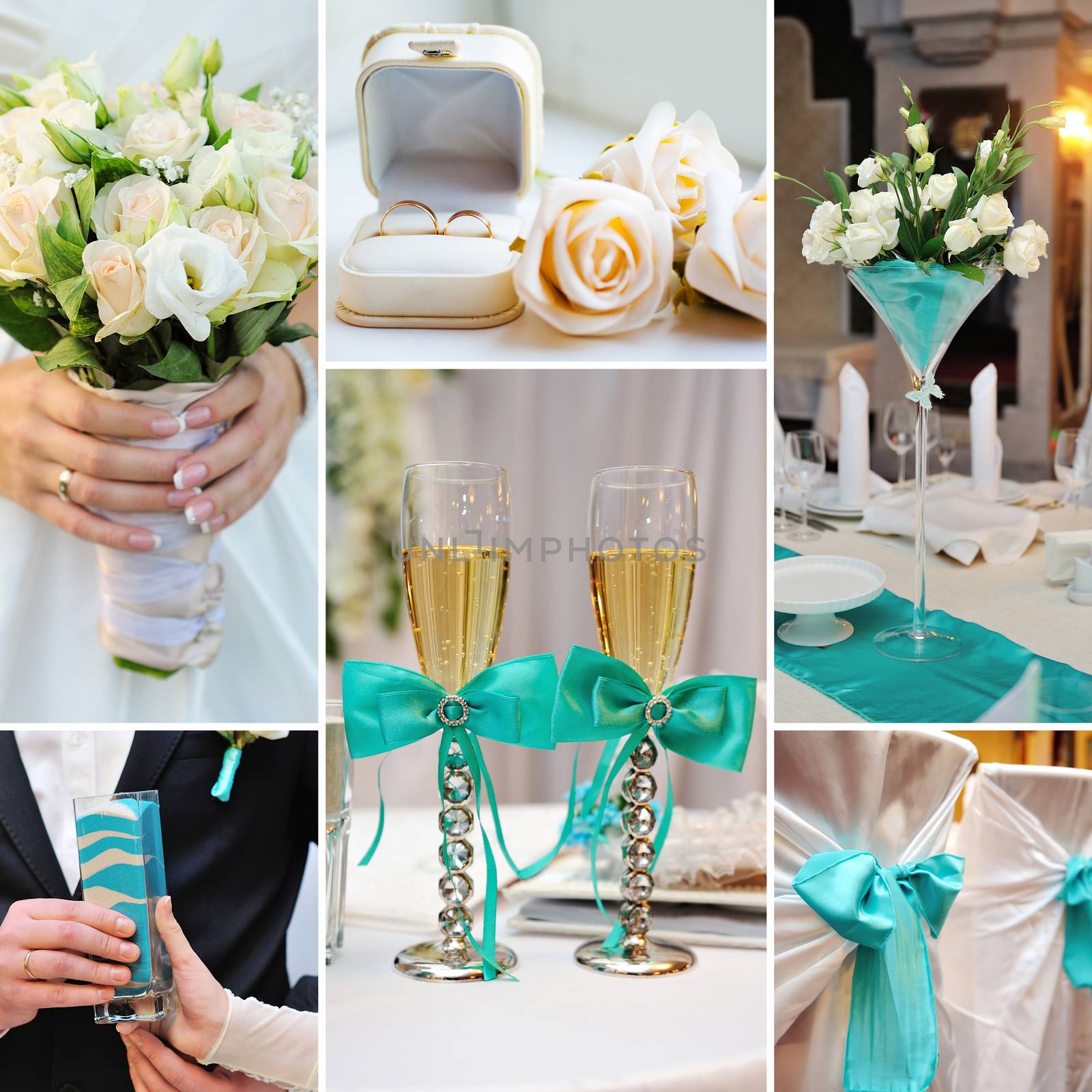 collage of wedding pictures decorations in turquoise, blue color by timonko