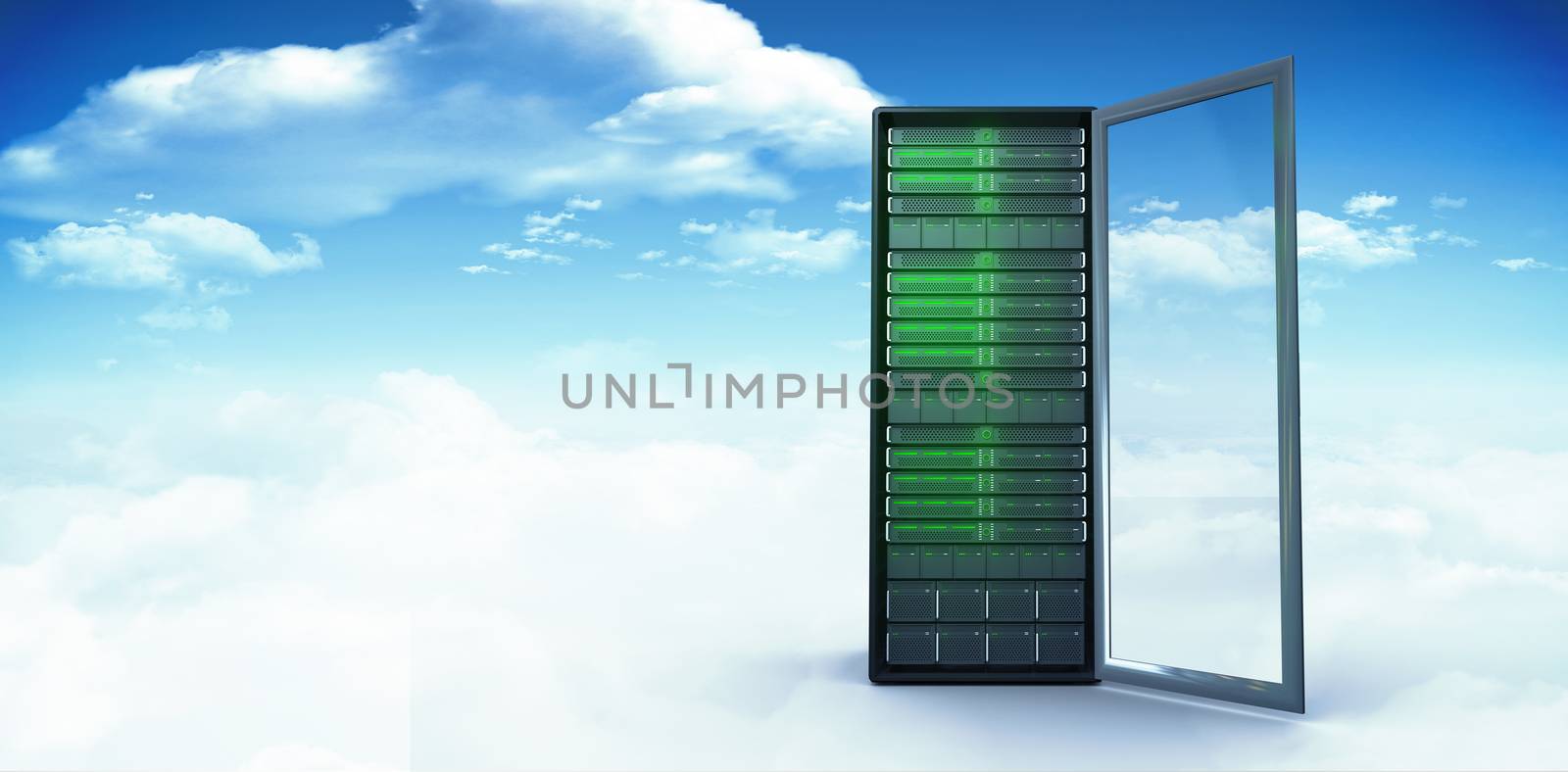 Server Tower against bright blue sky with clouds