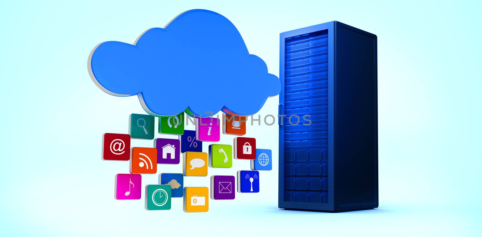 Cloud with apps against digitally generated black server tower