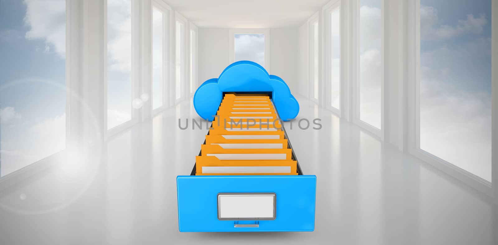 Cloud computing drawer against bright white hall with windows