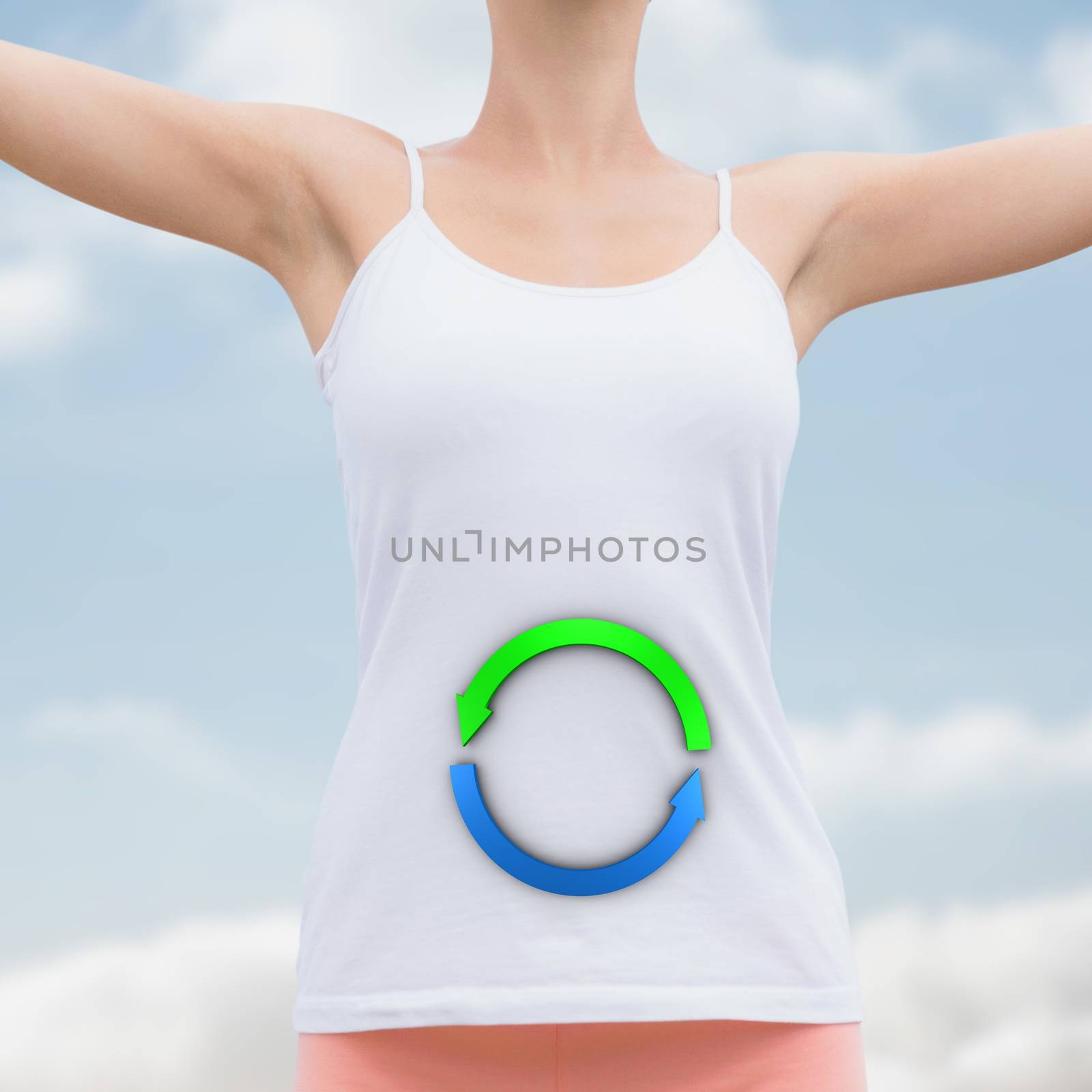 Composite image of beautiful woman with arms raised against the sky by Wavebreakmedia